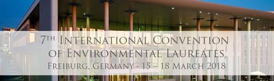 Konzerthaus Freiburg at dusk with the caption: 7th International Convention of Environmental Laureates, Freiburg, Germany, 15-18 March 2018